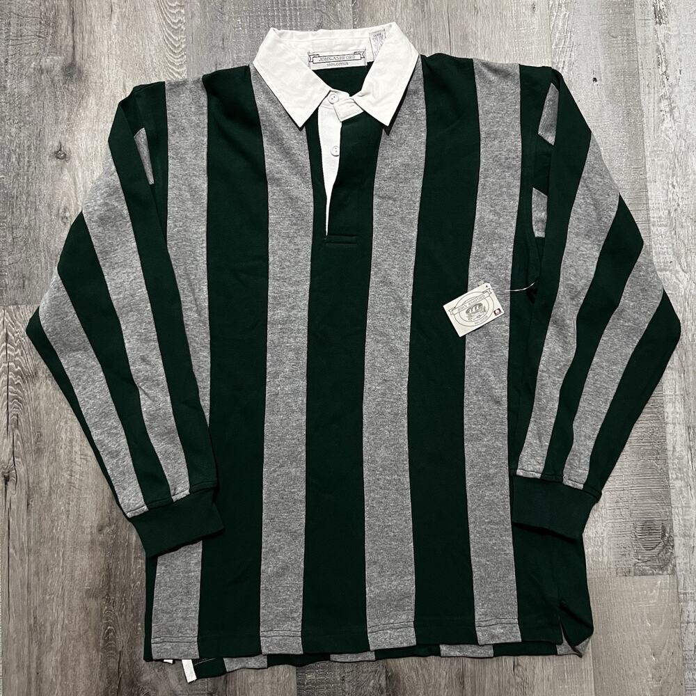 NWT John Ashford Rugby Shirt VTG Green/Gray Striped Cotton Long Sleeve Sz Small